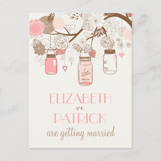 Vintag Pink Mason Jars Save the Date Postkarte (Vorderseite)