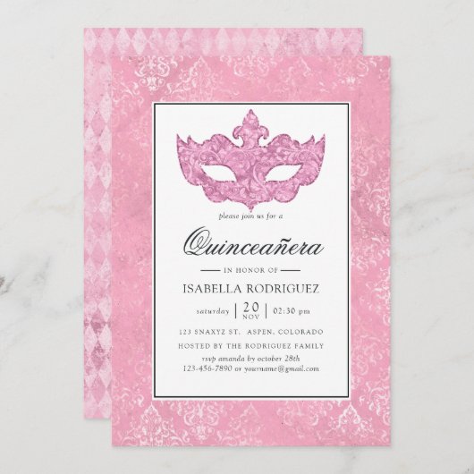 Vintag Pink Masquerade Quinceañera Einladung (Vorne/Hinten)
