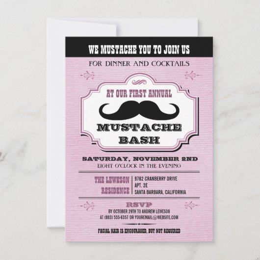 Vintag Pink Mustache Bash Einladung (Vorderseite)