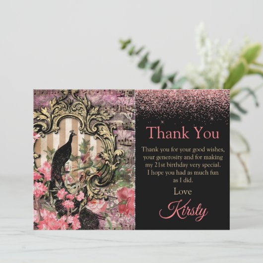 Vintag Pink Peacock Geburtstag Danke (Stehend Vorderseite)