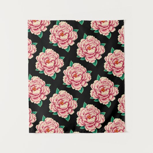 Vintag Pink Peony Blume Pattern Schwarz Wandteppich (Vorderseite)