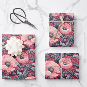 Vintag Pink Poppies floral Geschenkpapier Set