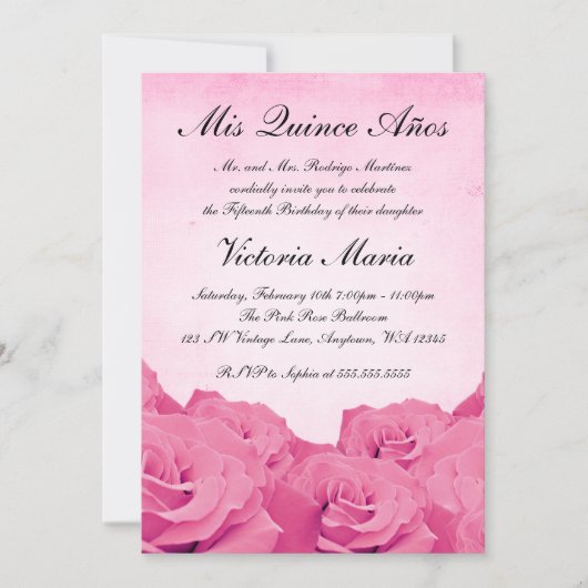 Vintag Pink Rose Quinceanera Geburtstagsparty Einladung (Vorderseite)