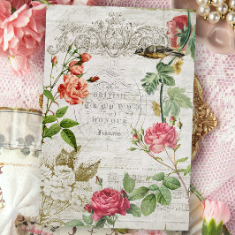 Vintag Pink Rose & Typografie Ephemera Decoupage Seidenpapier