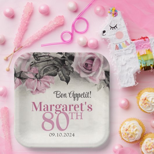 Vintag Pink Roses 80. Geburtstag Pappteller (Party)