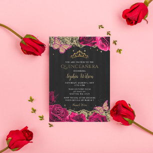 Vintag Pink Roses Black Gold Lace Quinceañera Einladung