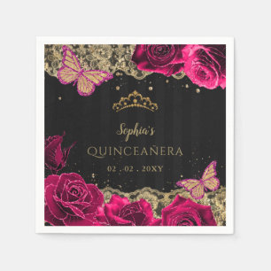 Vintag Pink Roses Black Gold Lace Quinceañera Serviette
