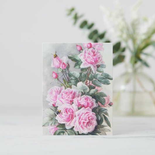Vintag Pink Roses Bouquet Postkarte (Stehend Vorderseite)