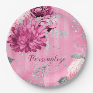 Vintag Pink Roses Silver Glitzer Butterfly Pappteller