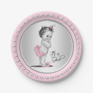 Vintag Pink Silver Girl Babydusche Pappteller