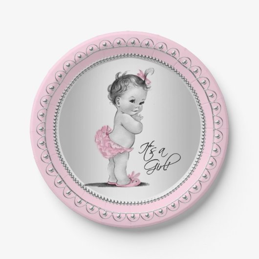 Vintag Pink Silver Girl Babydusche Pappteller (Vorderseite)