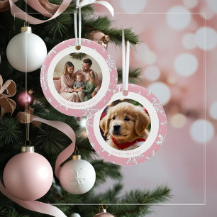 Vintag Pink Snowflakes Familie Weihnachten 2 Fotos Keramik Ornament