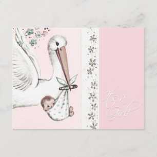 Vintag Pink Stork Baby Girl Einladungen