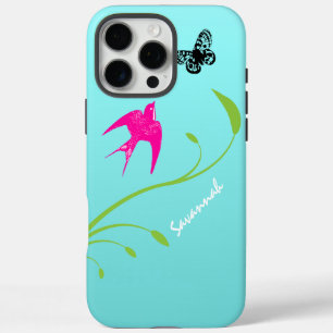 Vintag Pink Swallow Bird Butterfly Blue Ombre iPhone 16 Pro Max Hülle