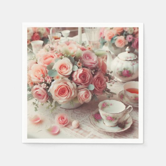 Vintag Pink Teapot Rose Floral Serviette (Vorderseite)