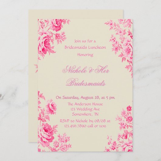 Vintag Pink Toile Blume Bridesmaids Luncheon Einladung (Vorne/Hinten)