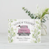 Vintag Pink Truck Greenery Liebe Dank Abschluss Dankeskarte (Stehend Vorderseite)