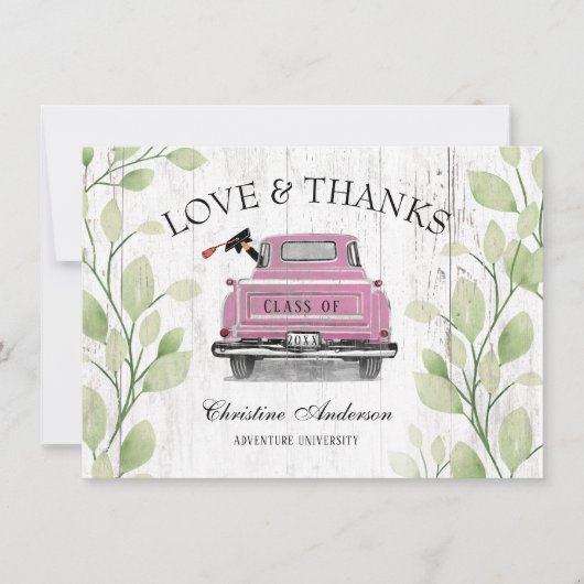 Vintag Pink Truck Greenery Liebe Dank Abschluss Dankeskarte (Vorderseite)