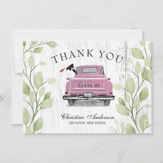 Vintag Pink Truck Greenery Rustikaler Abschluss Dankeskarte (Vorderseite)