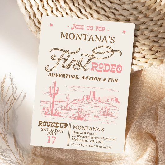 Vintag Pink Western Wüste Rodeo 1. Geburtstag Einladung