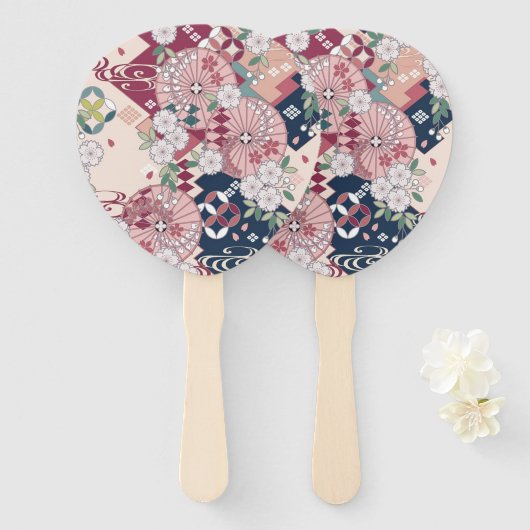 Vintag Pink White Japanisch Kimono Blume Fächer (Vorne und Hinten)