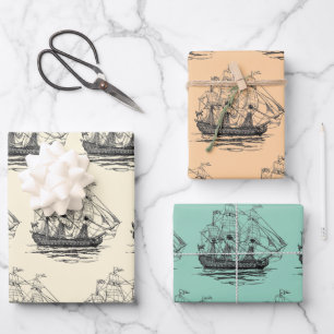 Vintag Pirates Galleon, Sketch eines 74-Gun-Schiff Geschenkpapier Set