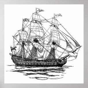 Vintag Pirates Galleon, Sketch eines 74-Gun-Schiff Poster