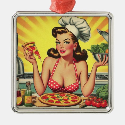 Vintag Pizza Girl Ornament Aus Metall (Vorne)