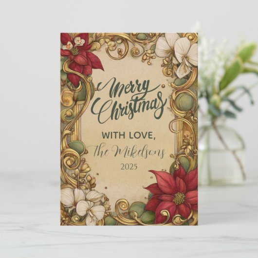 Vintag Poinsettia Gold Scroll Weihnachten (Stehend Vorderseite)