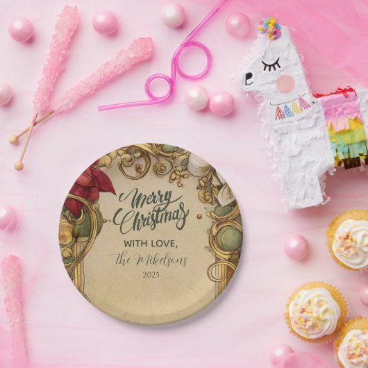 Vintag Poinsettia Gold Scroll Weihnachten Pappteller (Party)