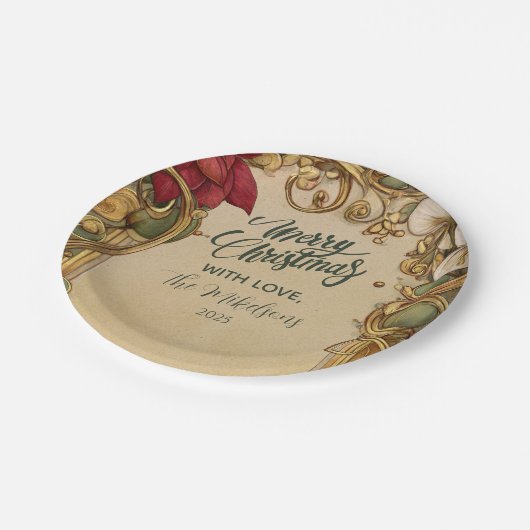 Vintag Poinsettia Gold Scroll Weihnachten Pappteller (Schrägansicht)