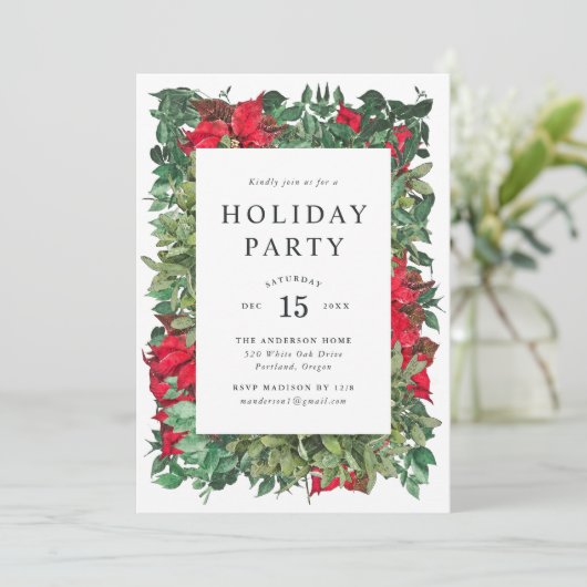 Vintag Poinsettias & Greenery Feiertag Einladung (Stehend Vorderseite)