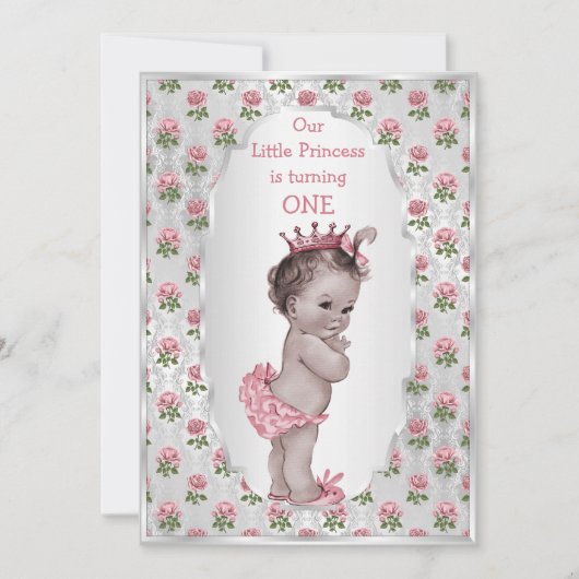 Vintag Princess Pink Roses Silver Baby Geburtstag Einladung (Vorderseite)