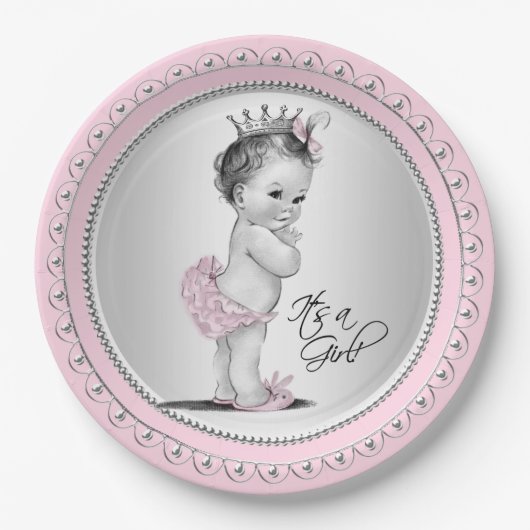 Vintag Princess Pink Silver Girl Babydusche Pappteller (Vorderseite)