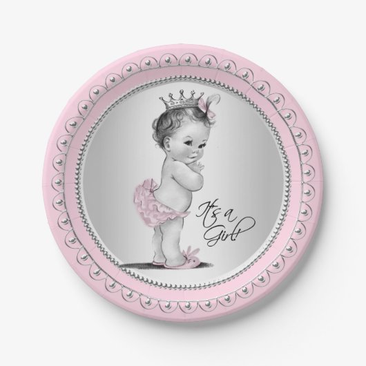 Vintag Princess Pink Silver Girl Babydusche Pappteller (Vorderseite)
