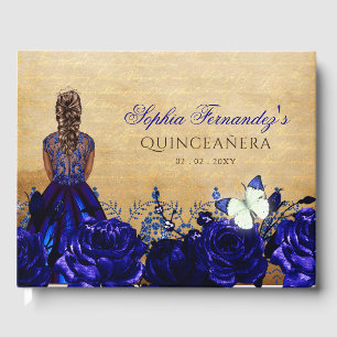 Vintag Princess Royal Blue Butterfly Quinceañera Gästebuch