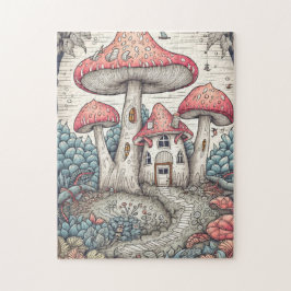 Vintag Psychedelic Mushroom House Illustration Puzzle