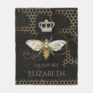 Vintag Queen Bee Royal Crown Honeycomb Black Fleecedecke