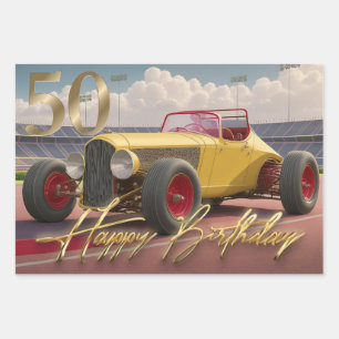 Vintag Racing Car Happy 50. Geschenkpapier Set