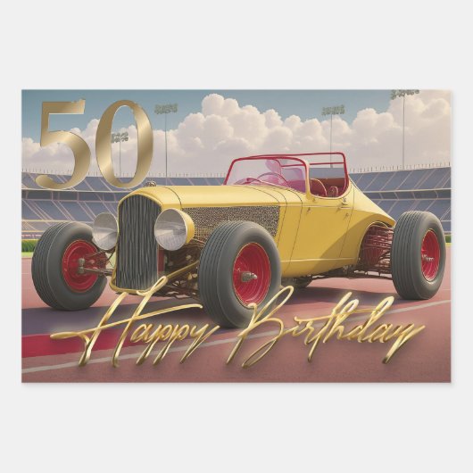 Vintag Racing Car Happy 50. Geschenkpapier Set (Vorderseite)