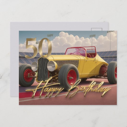 Vintag Racing Car Happy 50. Postkarte (Vorne/Hinten)