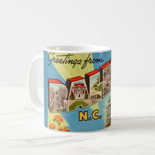 Vintag Raleigh North Carolina Postkarte Kaffeetasse (Vorderseite Links)