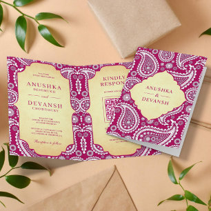 Vintag Rani Pink Paisley Indian QR Code Wedding Einladung