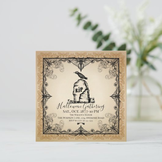 Vintag Raven Gravestone Halloween-Party Einladung (Stehend Vorderseite)