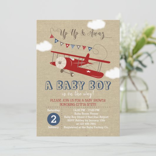 Vintag Red Airplane Baby Shower Einladung (Stehend Vorderseite)