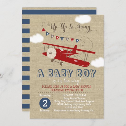 Vintag Red Airplane Baby Shower Einladung (Vorne/Hinten)