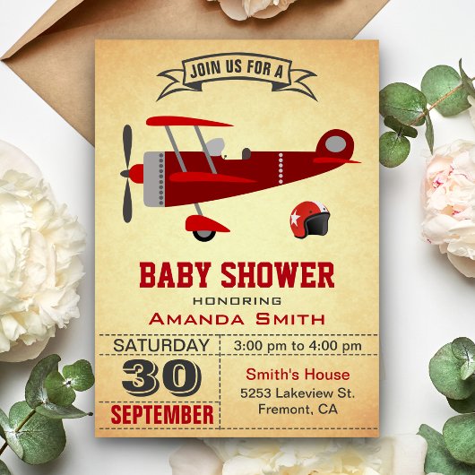 Vintag Red Airplane Baby Shower Einladung
