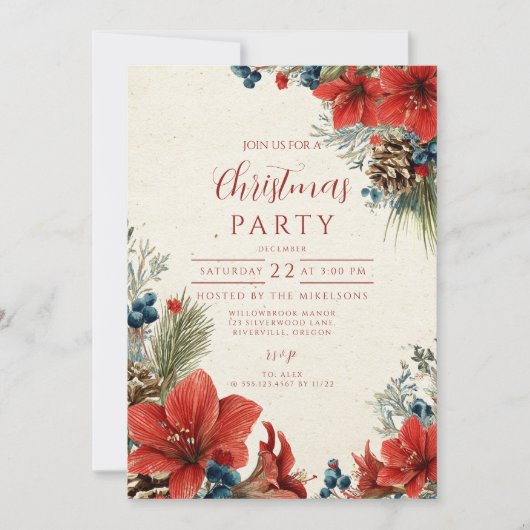 Vintag Red Amaryllis Feierlichkeiten Einladung (Vorderseite)