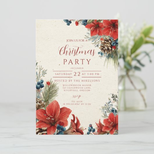 Vintag Red Amaryllis Feierlichkeiten Einladung (Stehend Vorderseite)