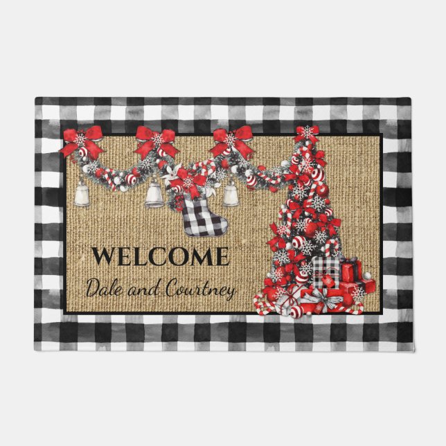 Vintag Red & Black Christmas Buffalo Karo Burlap Fußmatte (Vorderseite)